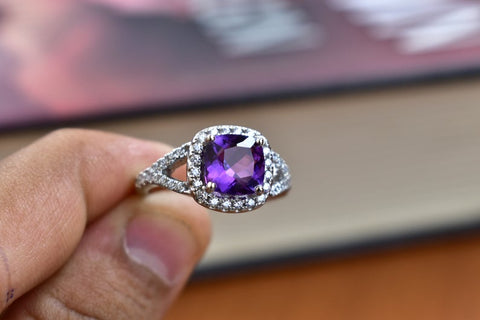 1 CT Cushion Cut Amethyst Diamond 925 Sterling Silver Halo Engagement Ring