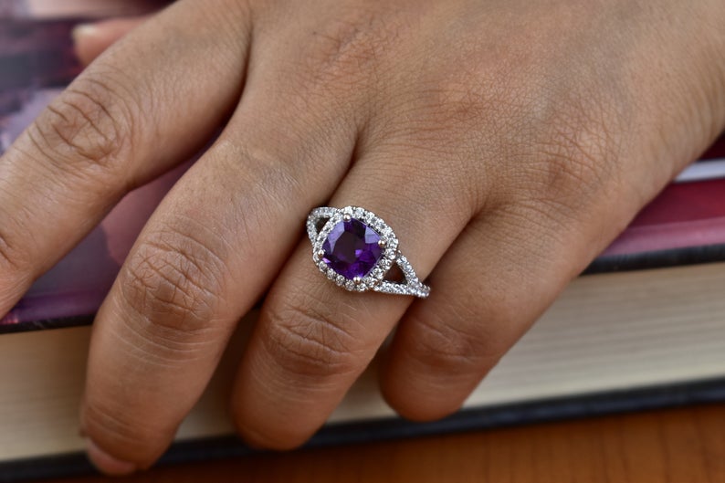 1 CT Cushion Cut Amethyst Diamond 925 Sterling Silver Halo Engagement Ring