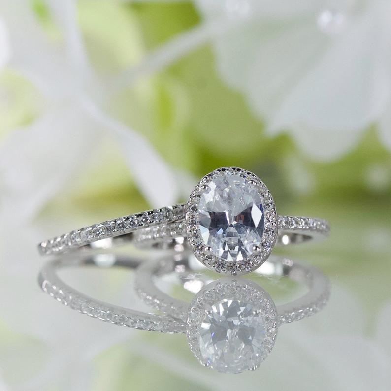 1 CT Oval Cut White Diamond Halo Bridal Ring Set White Gold Over On 925 Sterling Silver