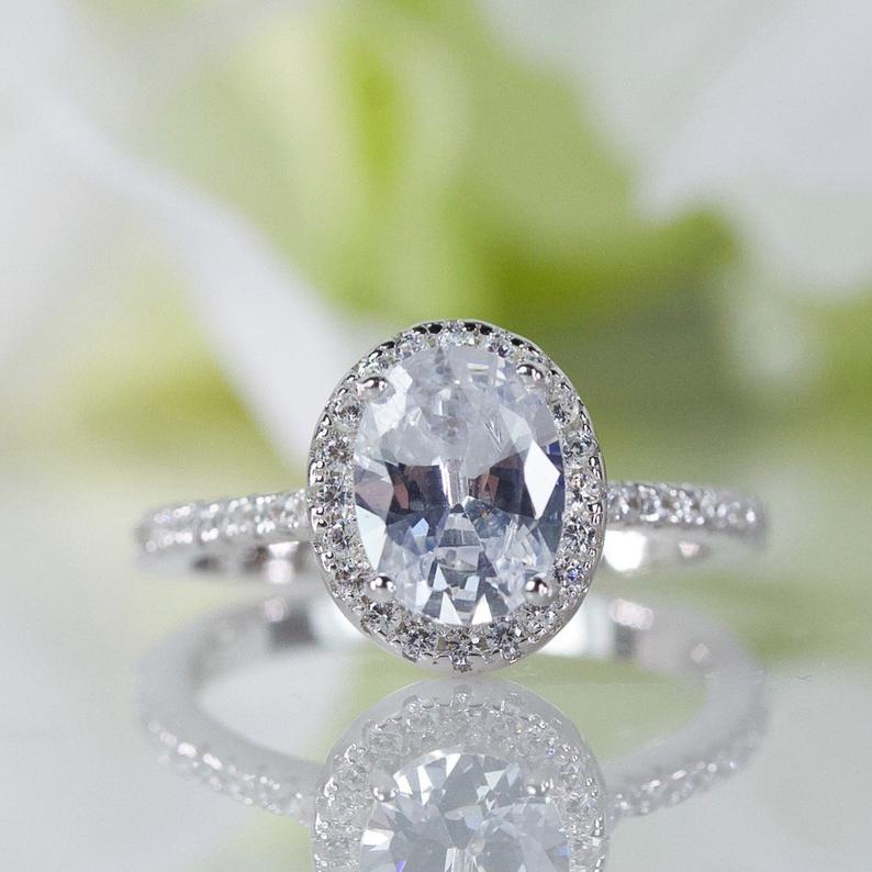 1 CT Oval Cut White Diamond Halo Bridal Ring Set White Gold Over On 925 Sterling Silver