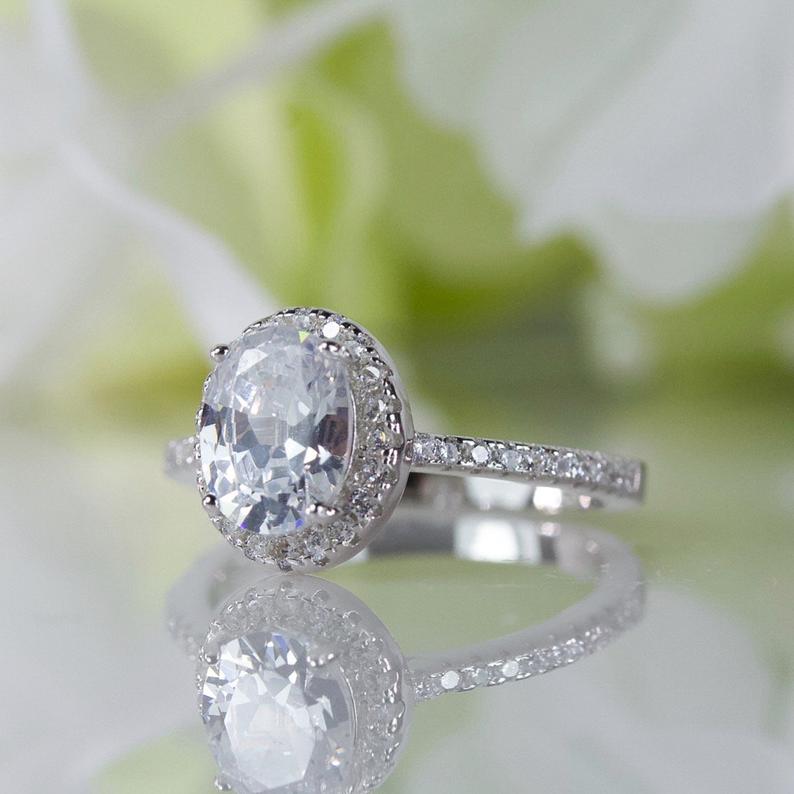 1 CT Oval Cut White Diamond Halo Bridal Ring Set White Gold Over On 925 Sterling Silver