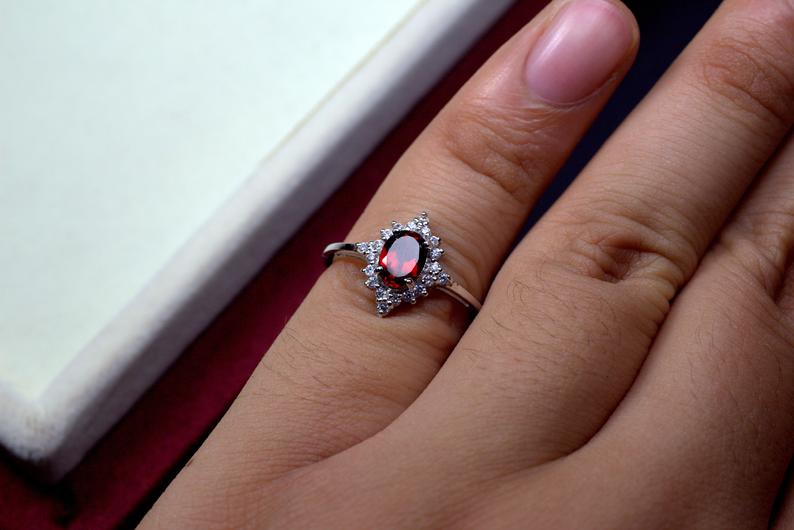 2.10 Ct Oval Cut Red Garnet 925 Sterling Silver Vintage Halo Engagement Ring