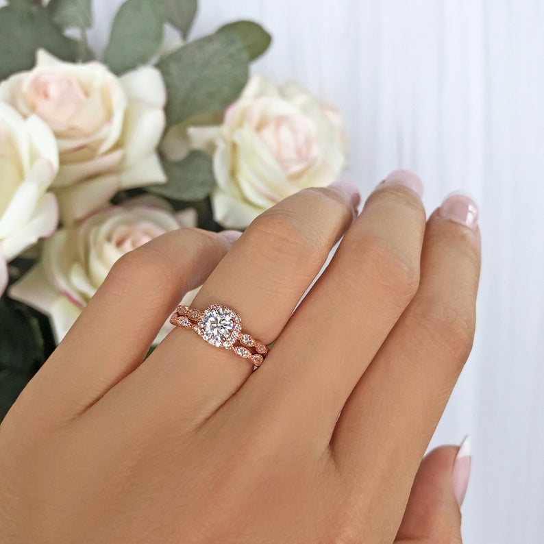 1 CT Round Cut Diamond 925 Sterling Silver Halo Wedding Bridal Ring Set