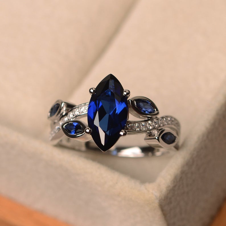 2.25 Ct Marquise Cut Blue Sapphire Unique Leaf Style September Ring In 925 Sterling Silver