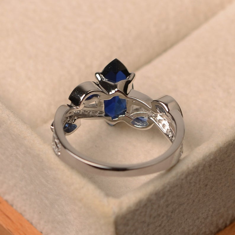 2.25 Ct Marquise Cut Blue Sapphire Unique Leaf Style September Ring In 925 Sterling Silver