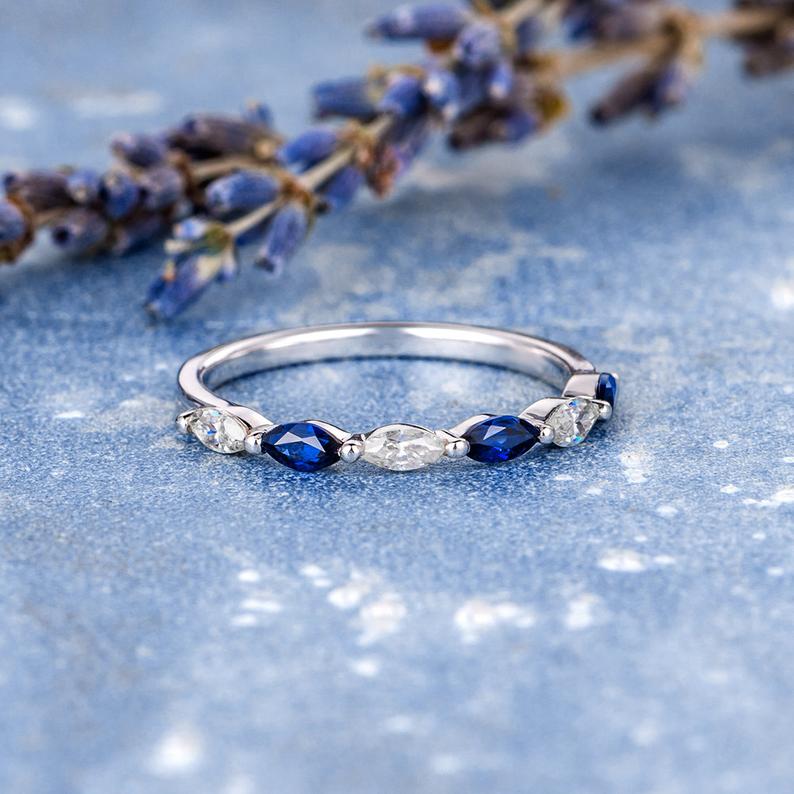1.20 Ct Marquise Cut Blue Sapphire 925 Sterling Silver Half Eternity Promise Band Ring