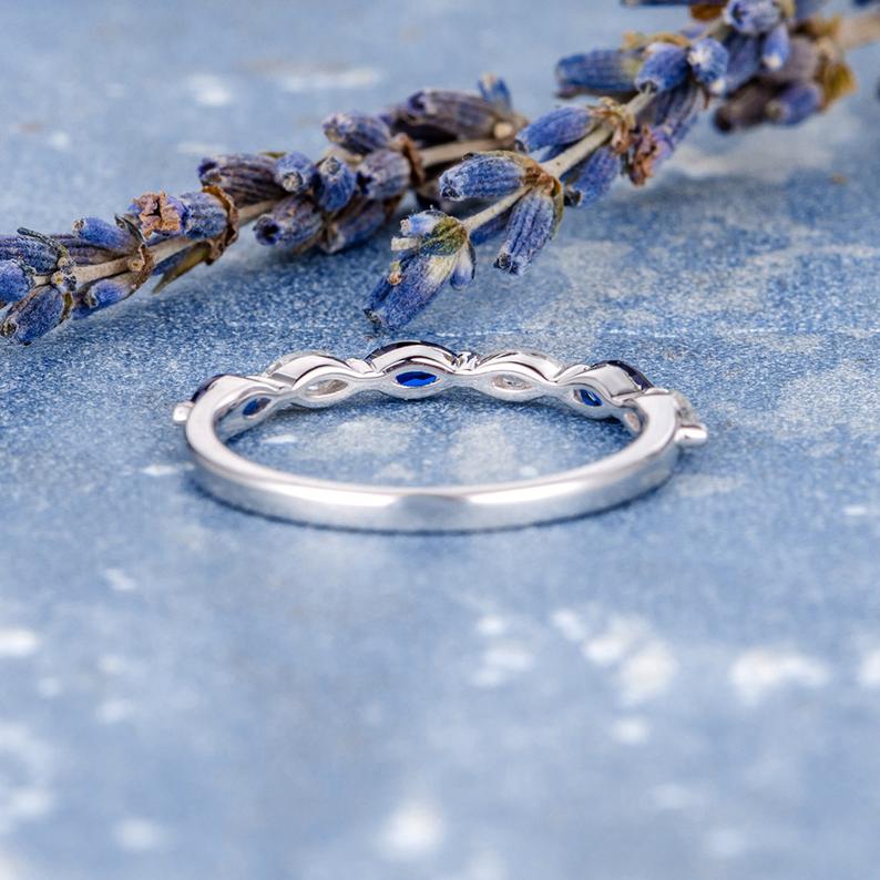 1.20 Ct Marquise Cut Blue Sapphire 925 Sterling Silver Half Eternity Promise Band Ring