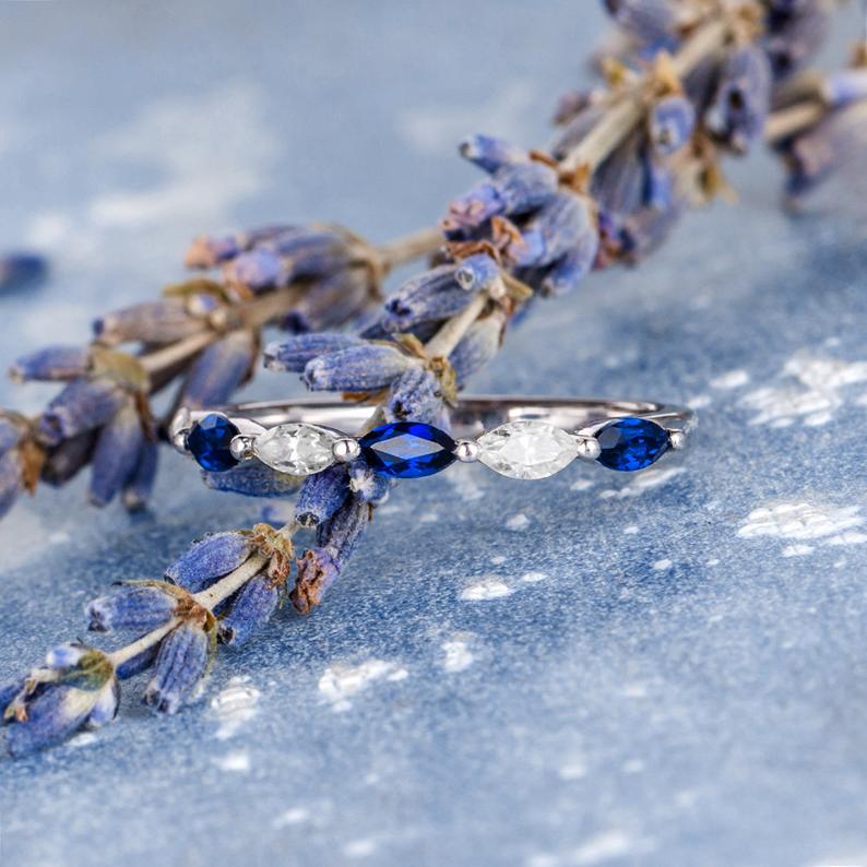 1.20 Ct Marquise Cut Blue Sapphire 925 Sterling Silver Half Eternity Promise Band Ring