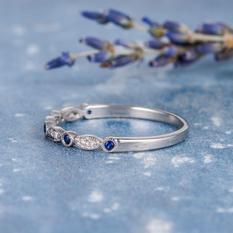 0.75 Ct Round Cut Blue Sapphire & White CZ 925 Sterling Silver Half Eternity Promise Ring