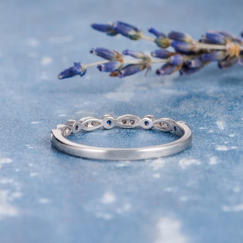 0.75 Ct Round Cut Blue Sapphire & White CZ 925 Sterling Silver Half Eternity Promise Ring