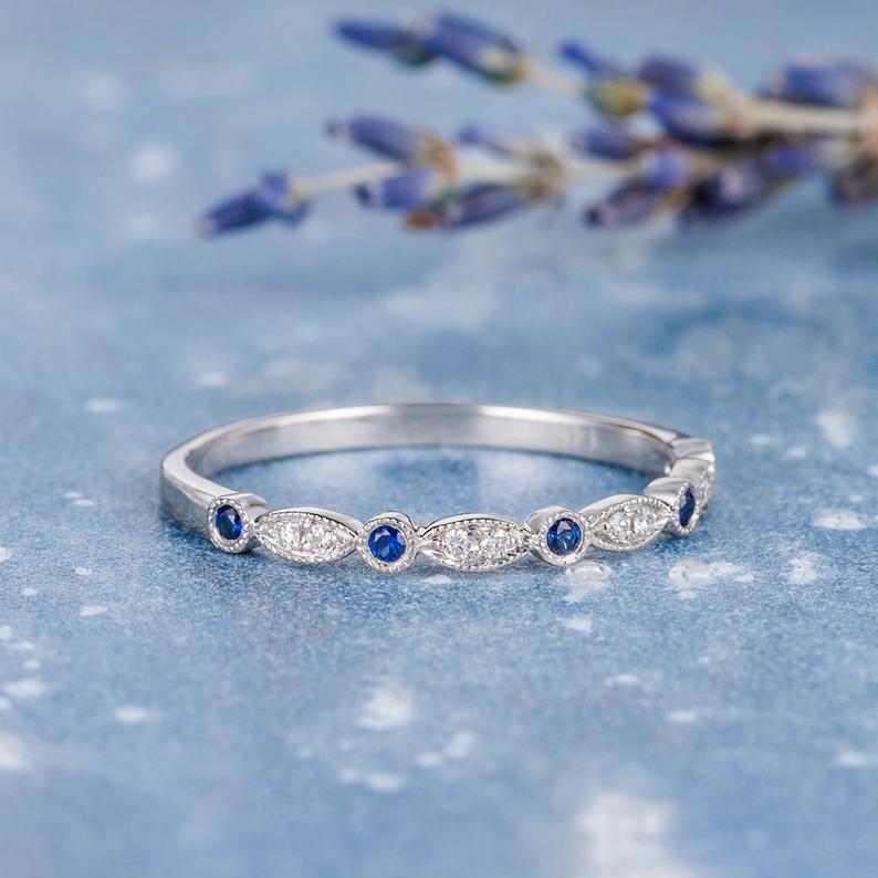 0.75 Ct Round Cut Blue Sapphire & White CZ 925 Sterling Silver Half Eternity Promise Ring
