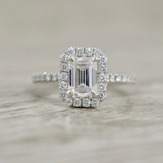 1 CT Emerald Cut White Diamond White Gold Finish On 925 Sterling Silver Halo Engagement Ring - atjewels.in