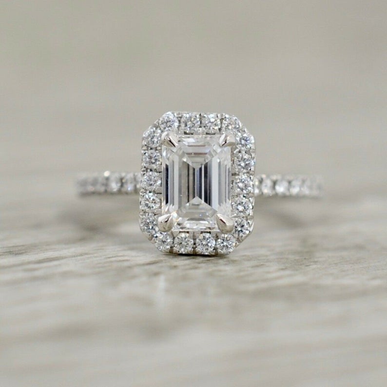 1 CT Emerald Cut White Diamond White Gold Finish On 925 Sterling Silver Halo Engagement Ring