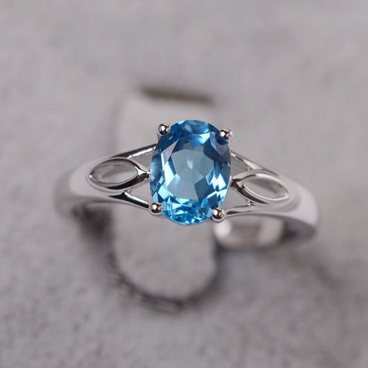 1 Ct Oval Cut Blue Topaz Split Shank Solitaire Promise Ring In 925 Sterling Silver