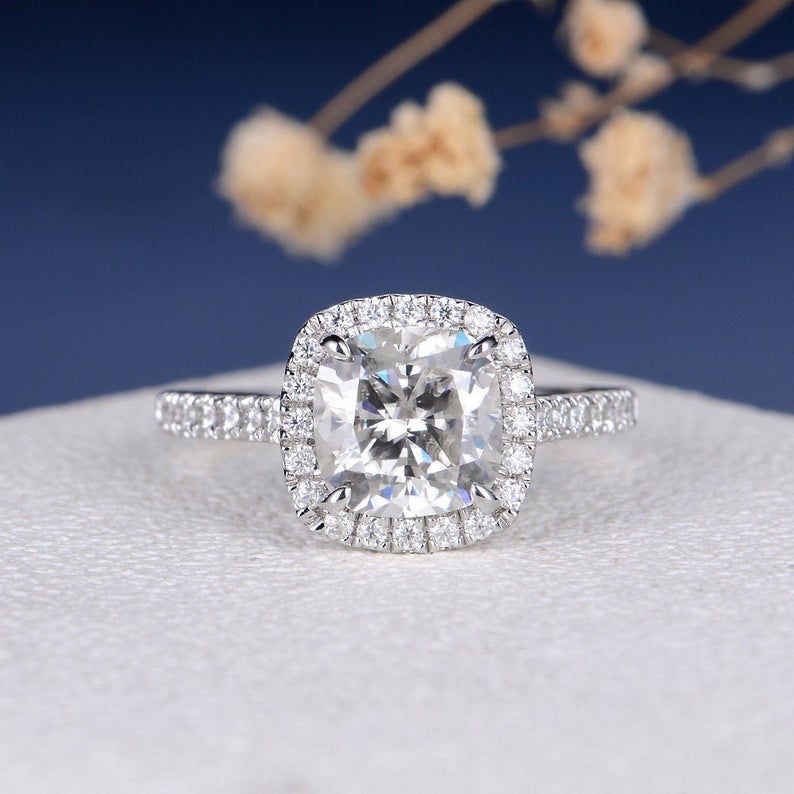 2 CT Cushion Cut Diamond 925 Sterling Silver Halo Engagement Ring