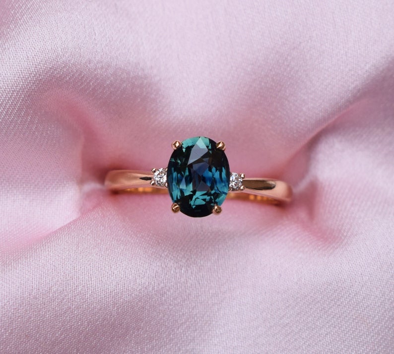 1 CT Oval Cut Blue sapphire Diamond Rose Gold Over On 925 Sterling Silver Three Stone Engagement Ring