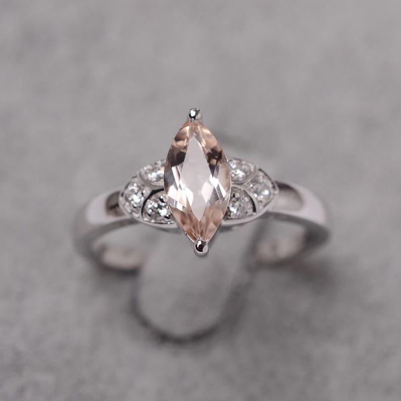 1.20 Ct Marquise Cut Peach Morganite 925 Sterling Silver Unique Anniversary Gift Ring For Her