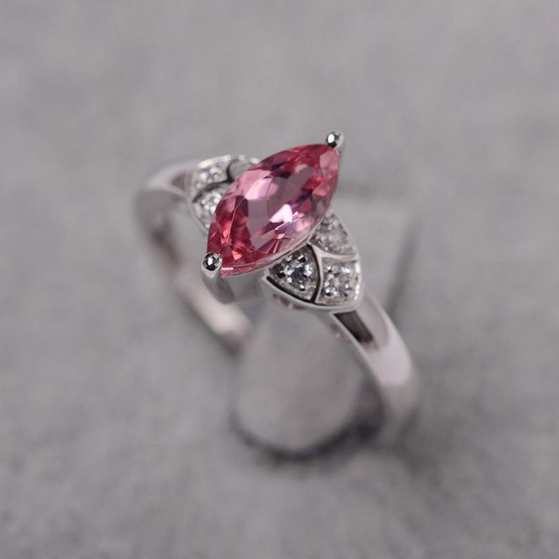 1.25 Ct Marquise Cut Pink Tourmaline 925 Sterling Silver Unique Anniversary Gift Ring