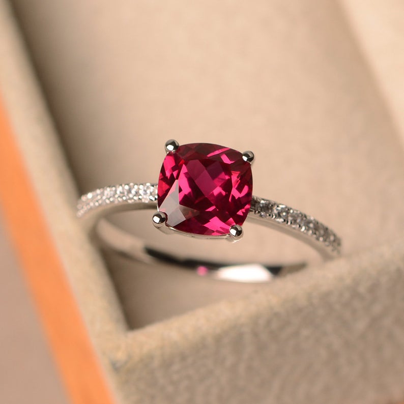 1.50 Ct Cushion Cut Red Ruby Solitaire W/Accents Engagement Ring In 925 Sterling Silver