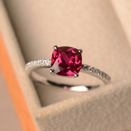 1.50 Ct Cushion Cut Red Ruby Solitaire W/Accents Engagement Ring In 925 Sterling Silver