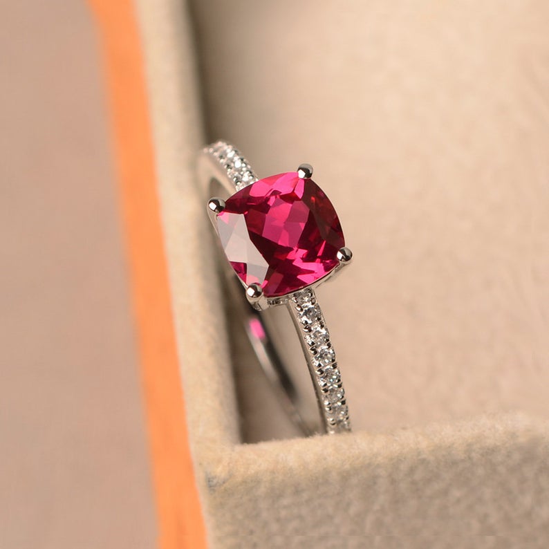 1.50 Ct Cushion Cut Red Ruby Solitaire W/Accents Engagement Ring In 925 Sterling Silver