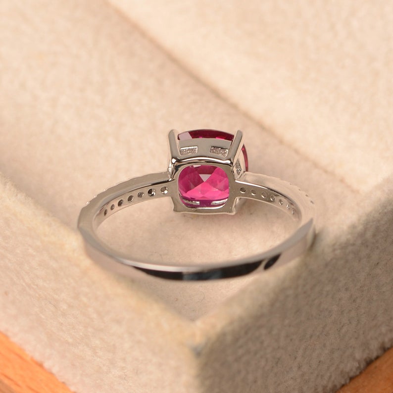 1.50 Ct Cushion Cut Red Ruby Solitaire W/Accents Engagement Ring In 925 Sterling Silver