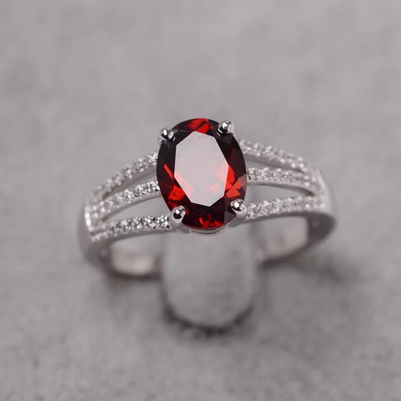 1.75 Ct Oval Cut Red Garnet Three Row Split Shank Promise Gift Ring In 925 Sterling Silver