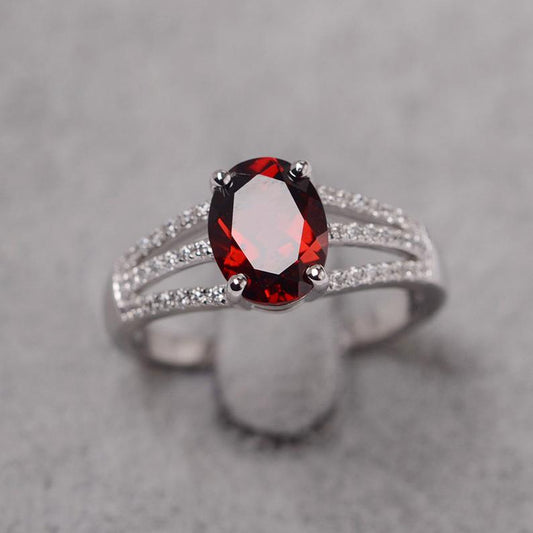 1.75 Ct Oval Cut Red Garnet Three Row Split Shank Promise Gift Ring In 925 Sterling Silver