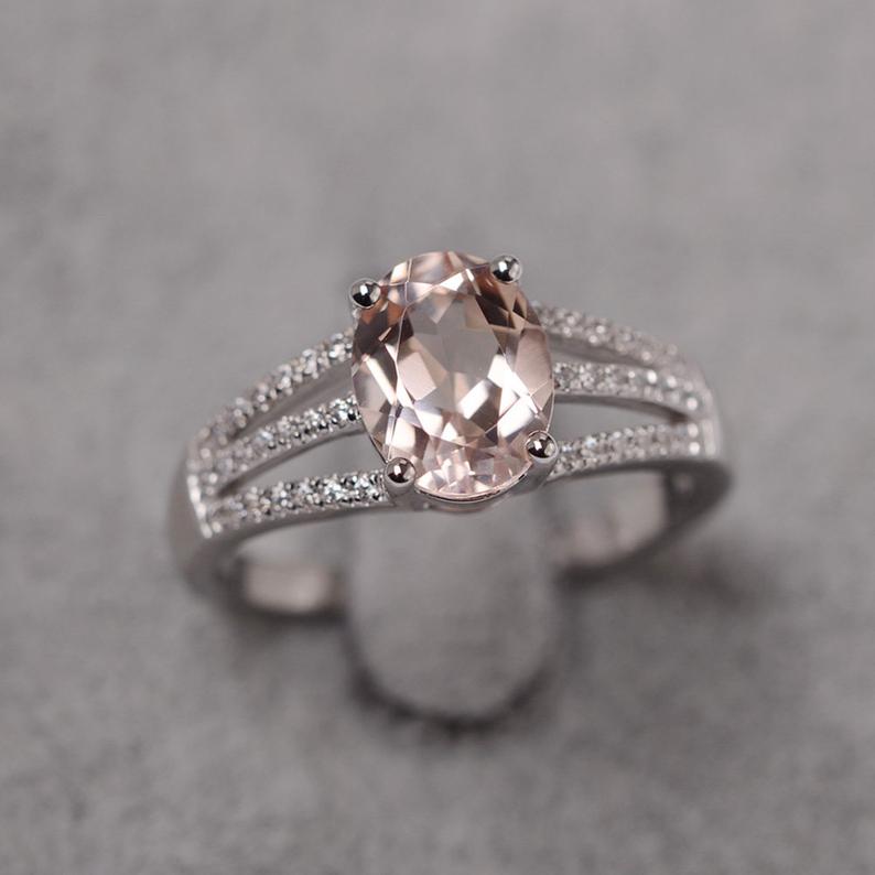 1.75 Ct Oval Cut Peach Morganite Split Shank Engagement Ring In 925 Sterling Silver