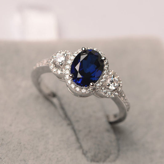 1 CT Oval Cut Blue Sapphire Diamond White Gold Over On 925 Sterling Silver Halo Engagement Ring for Women