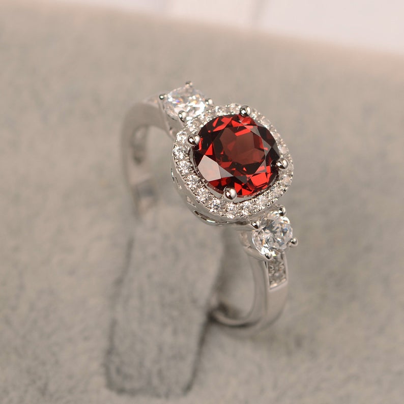 1 CT Round Cut red garnet White Gold Over On 925 Sterling Silver Halo Engagement Ring For Women