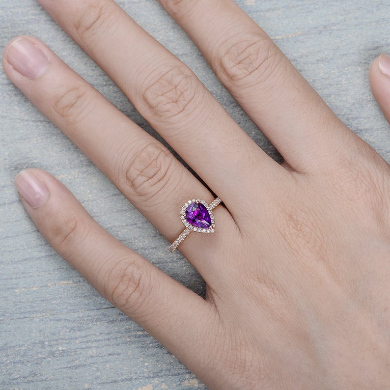1 CT Pear Cut Amethyst Diamond 925 Sterling Silver Halo Promise Ring Gift For Her