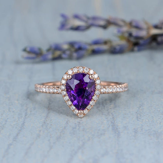 1 CT Pear Cut Amethyst Diamond 925 Sterling Silver Halo Promise Ring Gift For Her