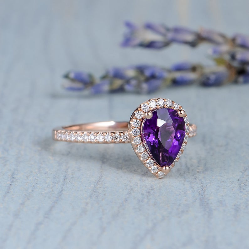1 CT Pear Cut Amethyst Diamond 925 Sterling Silver Halo Promise Ring Gift For Her