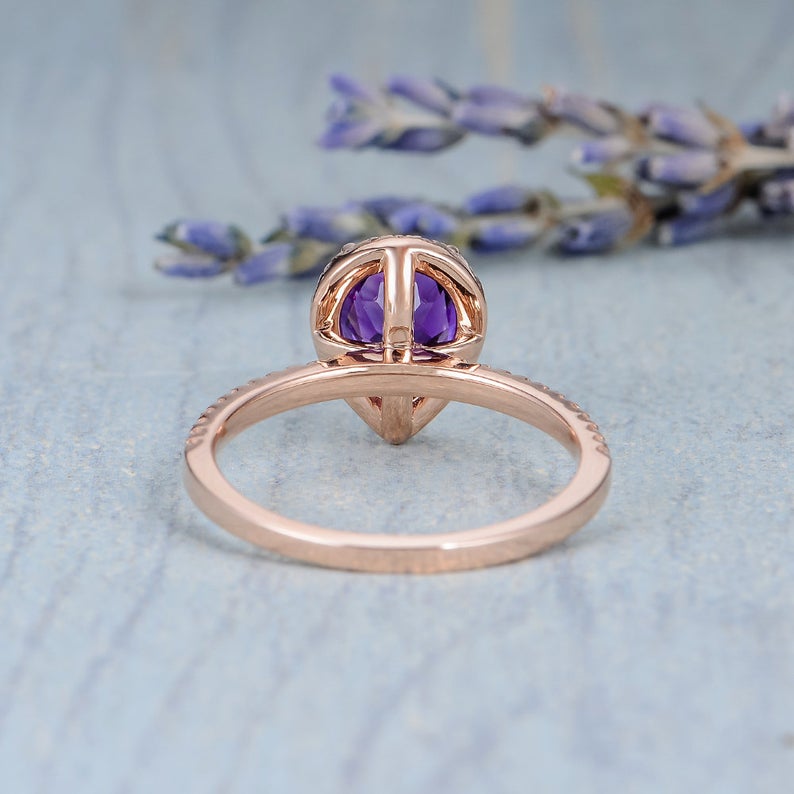 1 CT Pear Cut Amethyst Diamond 925 Sterling Silver Halo Promise Ring Gift For Her