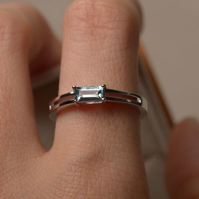 1.00 Ct Baguette Cut Aquamarine 925 Sterling Silver Split Shank Engagement Ring