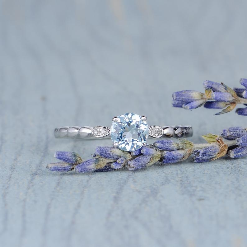 1.00 Ct Round Cut Aquamarine Solitaire Promise Gift Ring In 925 Sterling Silver