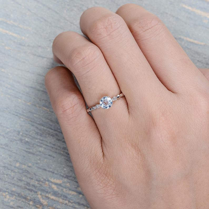 1.00 Ct Round Cut Aquamarine Solitaire Promise Gift Ring In 925 Sterling Silver