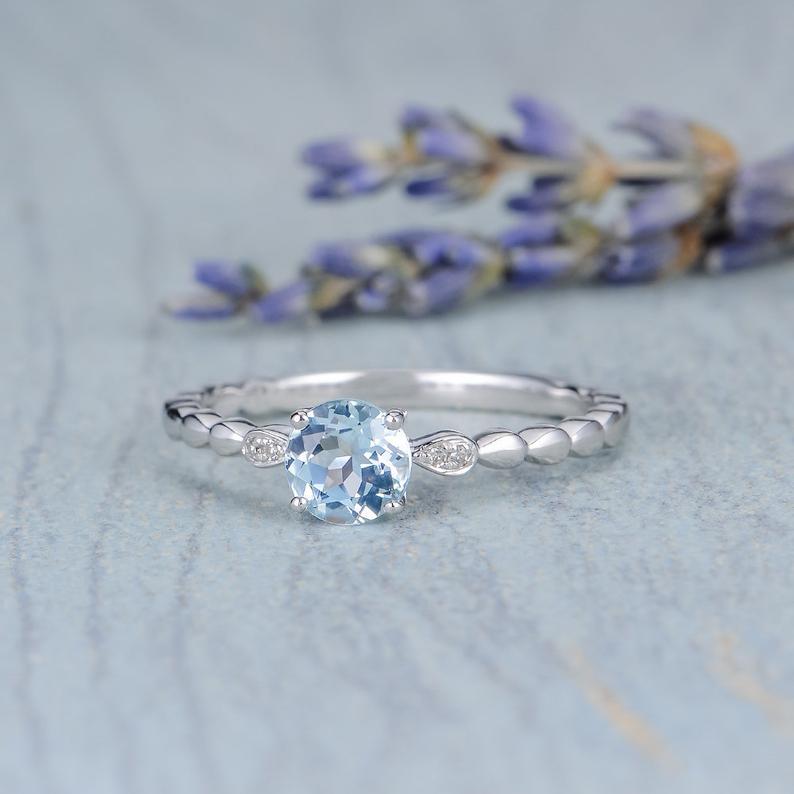 1.00 Ct Round Cut Aquamarine Solitaire Promise Gift Ring In 925 Sterling Silver