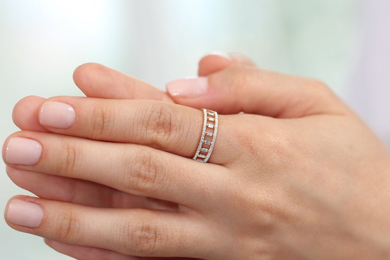 0.75 CT Baguette & Round Cut Diamond Yellow Gold Over On 925 Sterling Silver Wedding Band Ring