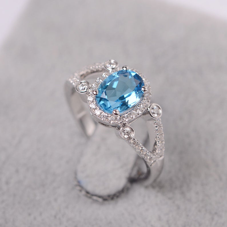 1 CT Oval Cut Blue Topaz Diamond White Gold Over On 925 Sterling Silver Engagement Ring For Women