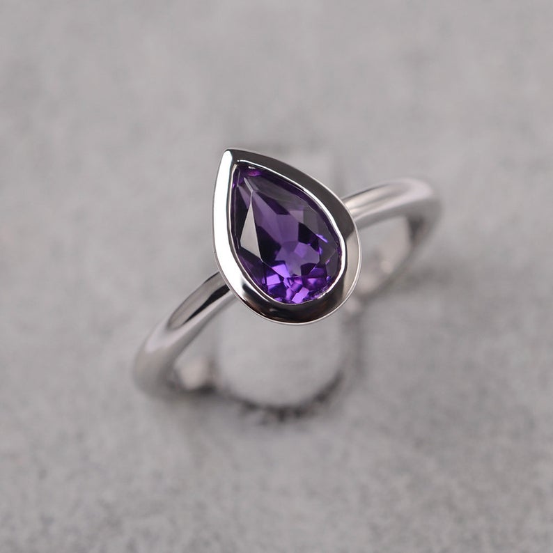 1.00 Ct Pear Cut Purple Amethyst 925 Sterling Silver Solitaire February Birthstone Ring