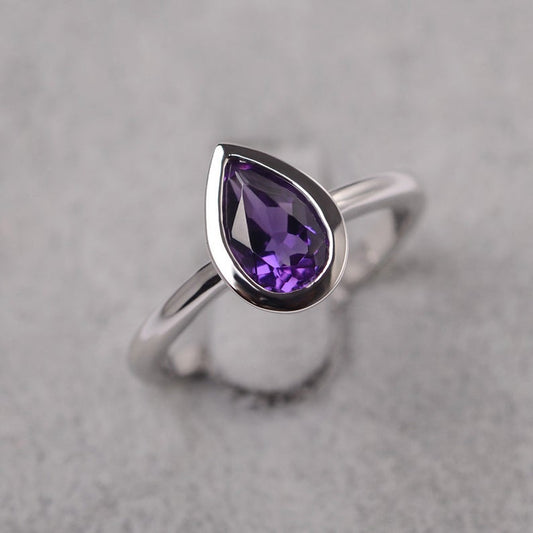 1.00 Ct Pear Cut Purple Amethyst 925 Sterling Silver Solitaire February Birthstone Ring