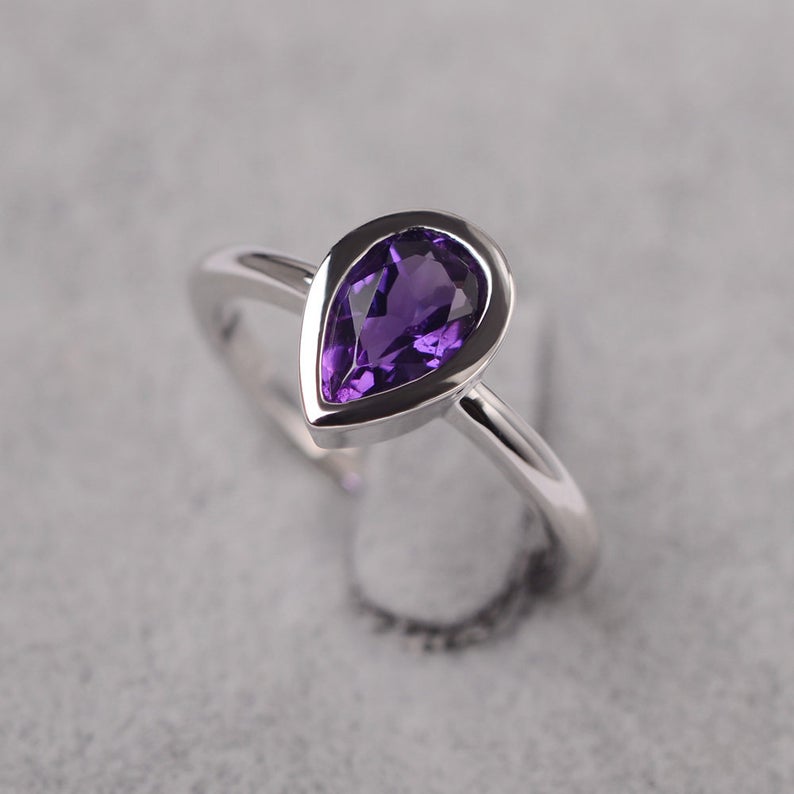 1.00 Ct Pear Cut Purple Amethyst 925 Sterling Silver Solitaire February Birthstone Ring