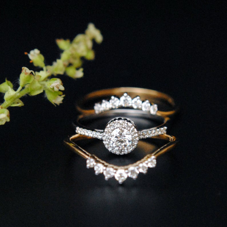 1 CT Round Cut Diamond Three Piece 925 Sterling Silver Halo Engagement Ring Set