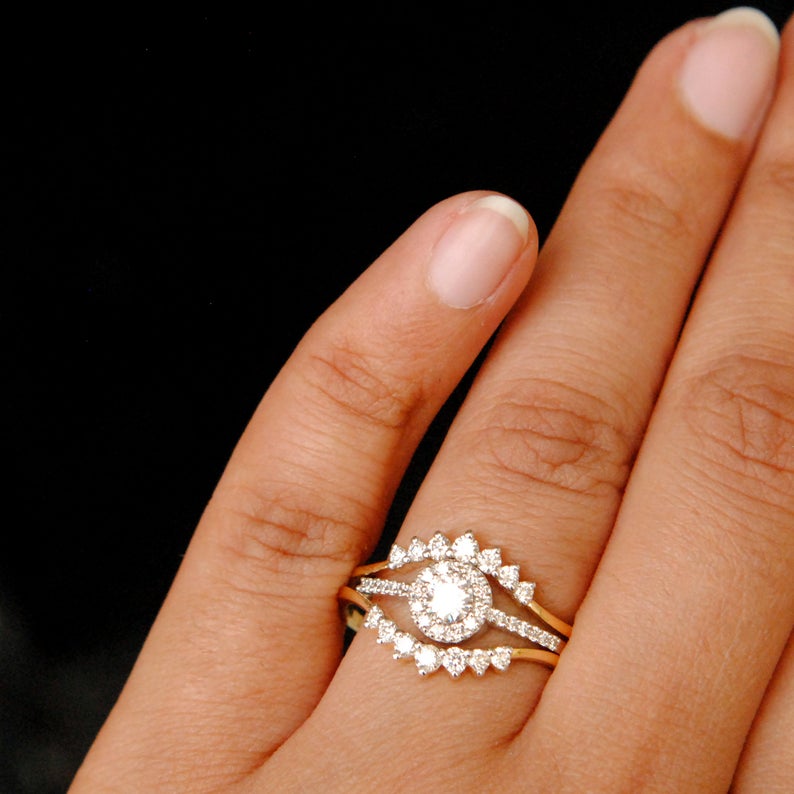 1 CT Round Cut Diamond Three Piece 925 Sterling Silver Halo Engagement Ring Set