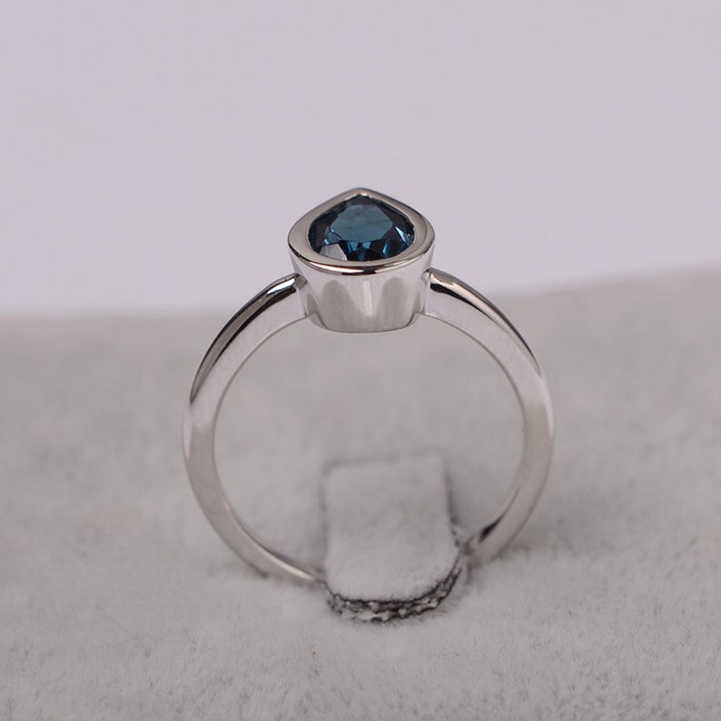 1.00 Ct Pear Cut London Blue Topaz 925 Sterling Silver Bezel Set December Birthstone Ring
