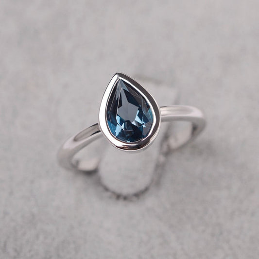 1.00 Ct Pear Cut London Blue Topaz 925 Sterling Silver Bezel Set December Birthstone Ring