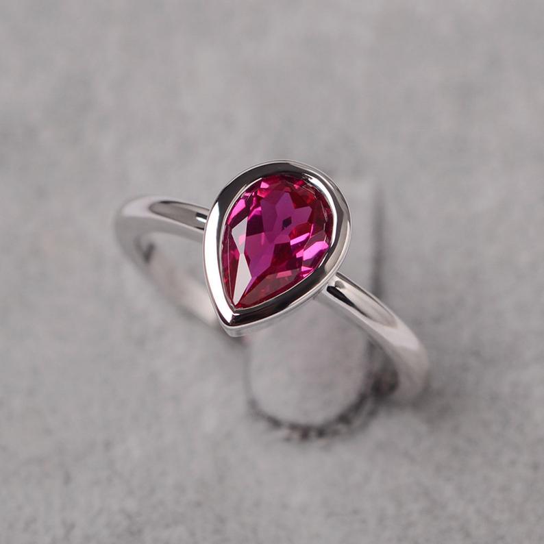 1.00 Ct Pear Cut Pink Ruby Solitaire July Birthstone Ring In 925 Sterling Silver