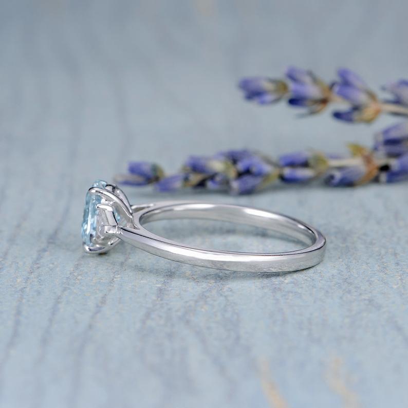 1.20 Ct Oval Cut Aquamarine & Trillion CZ Three-Stone Promise Gift Ring In 925 Sterling Silver